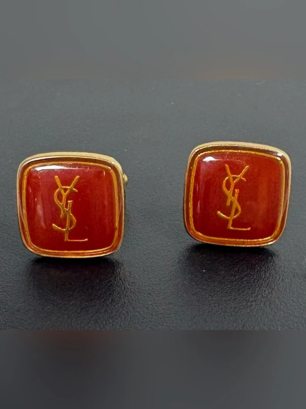 Yves Saint Laurent Vintage Cufflinks, Deep Red Enamel with Gold Trim